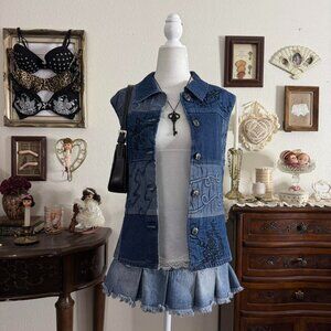 90's whimsical boho patchwork denim funky embroidered vest